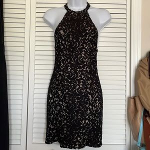 Black & Beige Lace Halter Mini Cocktail Dress